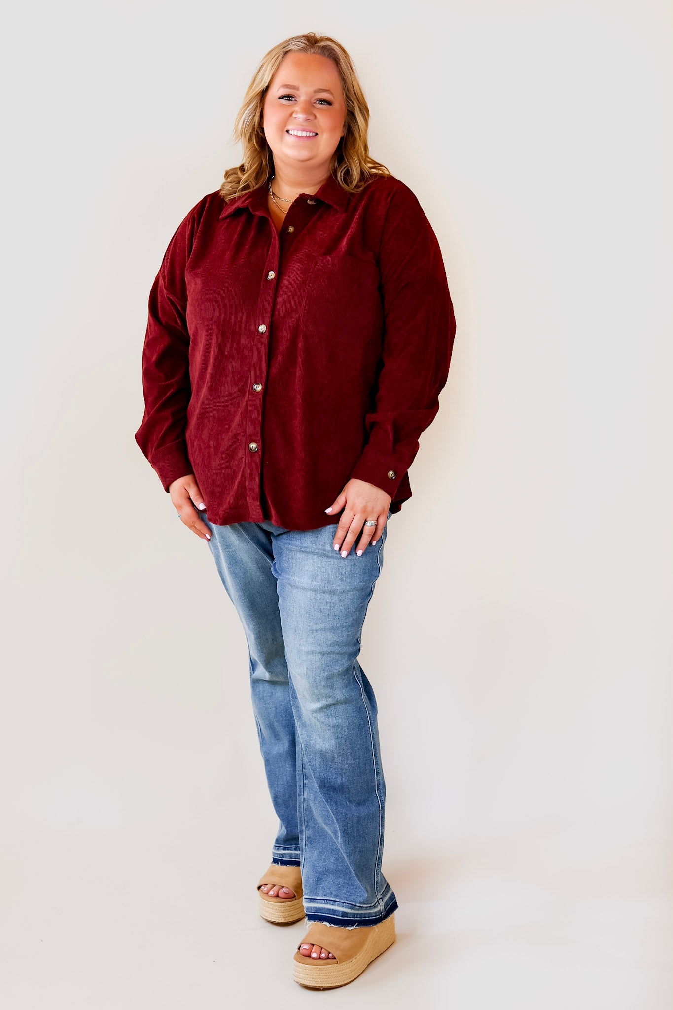 Captivating Cuteness Corduroy Button Up Shacket in Maroon - Giddy Up Glamour Boutique
