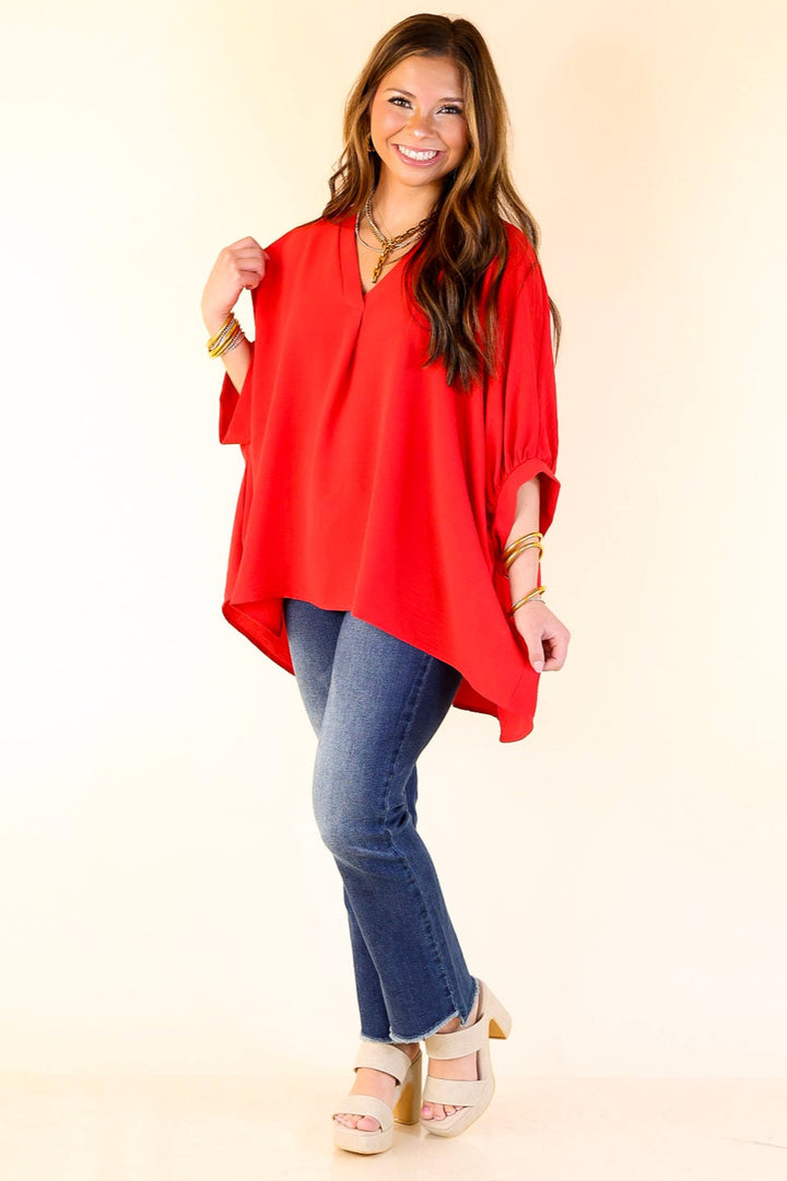 Elevated Basics V Neck Top with Half Sleeves in Ruby