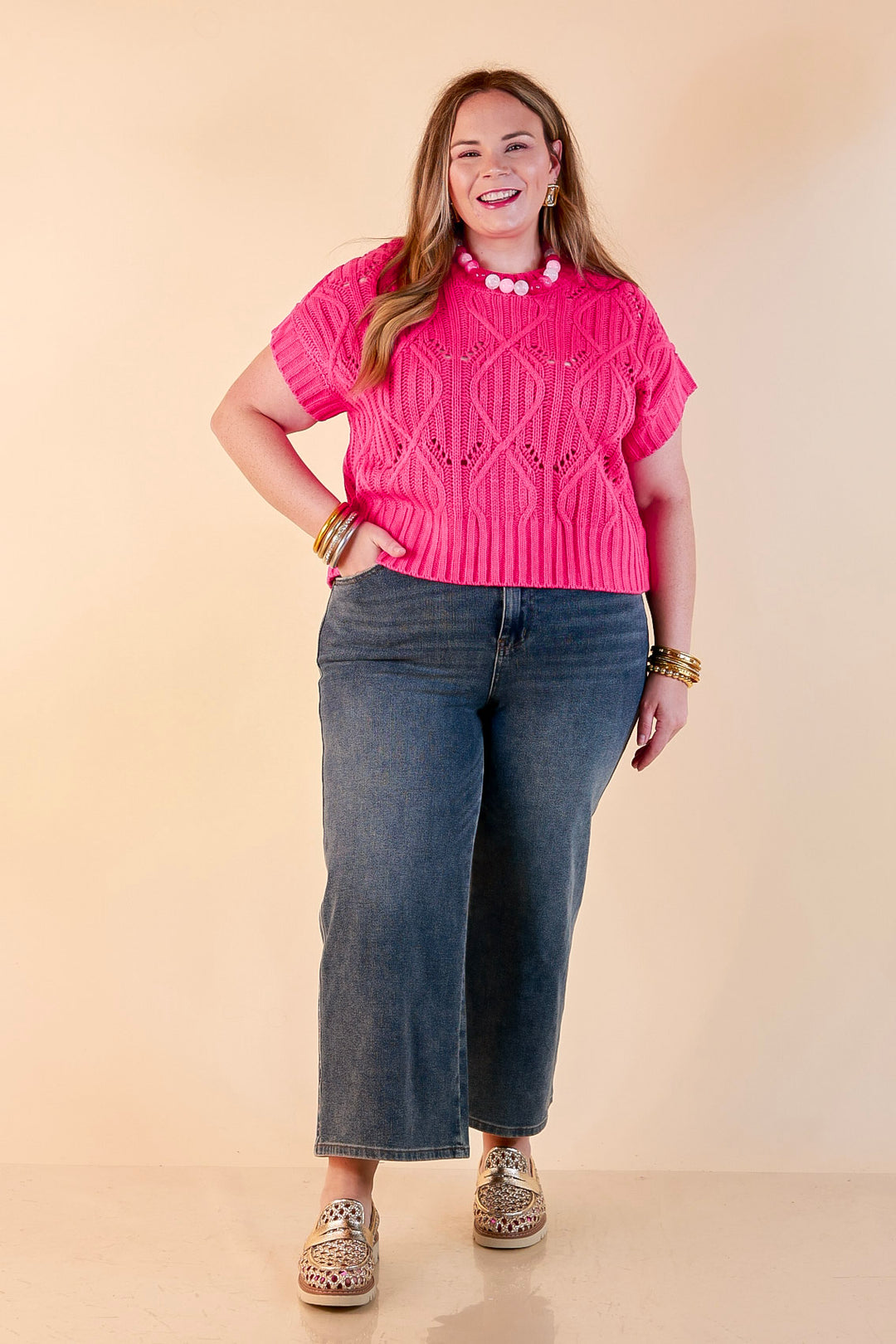 Knit to Last Cable Knit Short Sleeve Sweater Top in Hot Pink