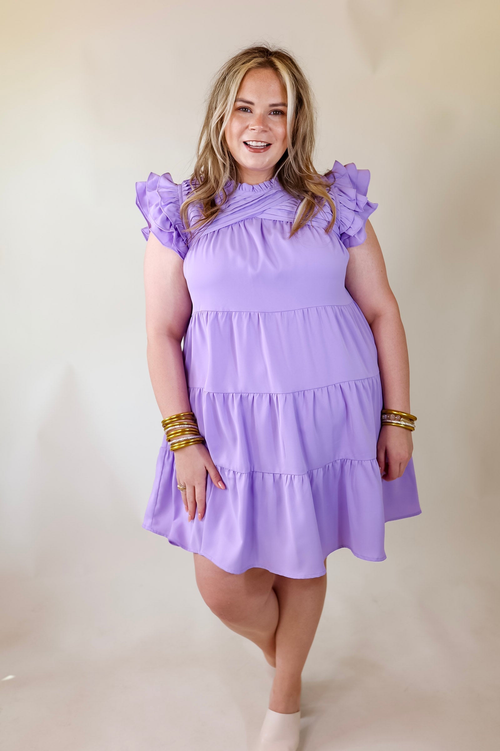 Chic On Scene Ruffle Tiered Dress with Pleated Detailing in Lavender Purple - Giddy Up Glamour Boutique