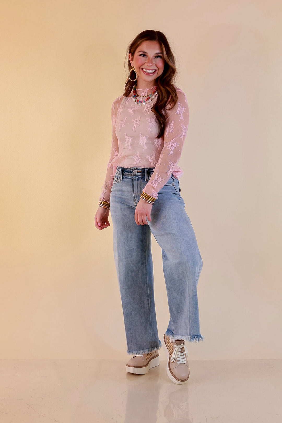 Delicate Charm Long Sleeve Sheer Lace Top with Mock Neck in Pale Pink