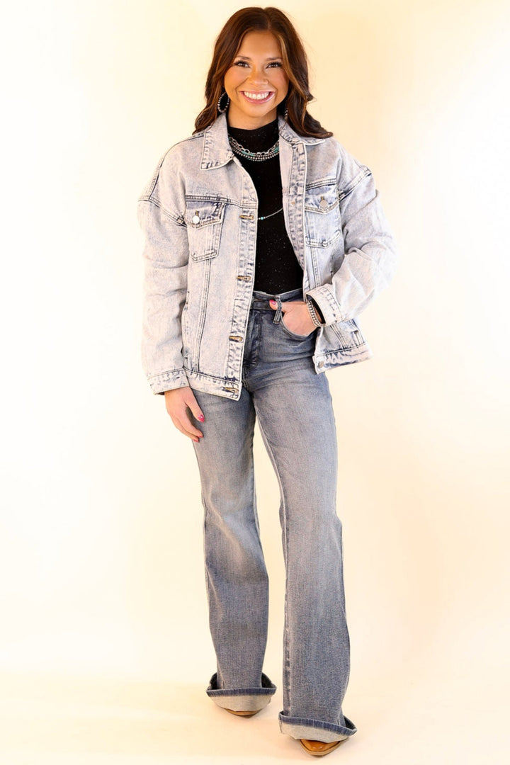 Take A Minute Crystal Front Pocket Denim Jacket in Light Wash