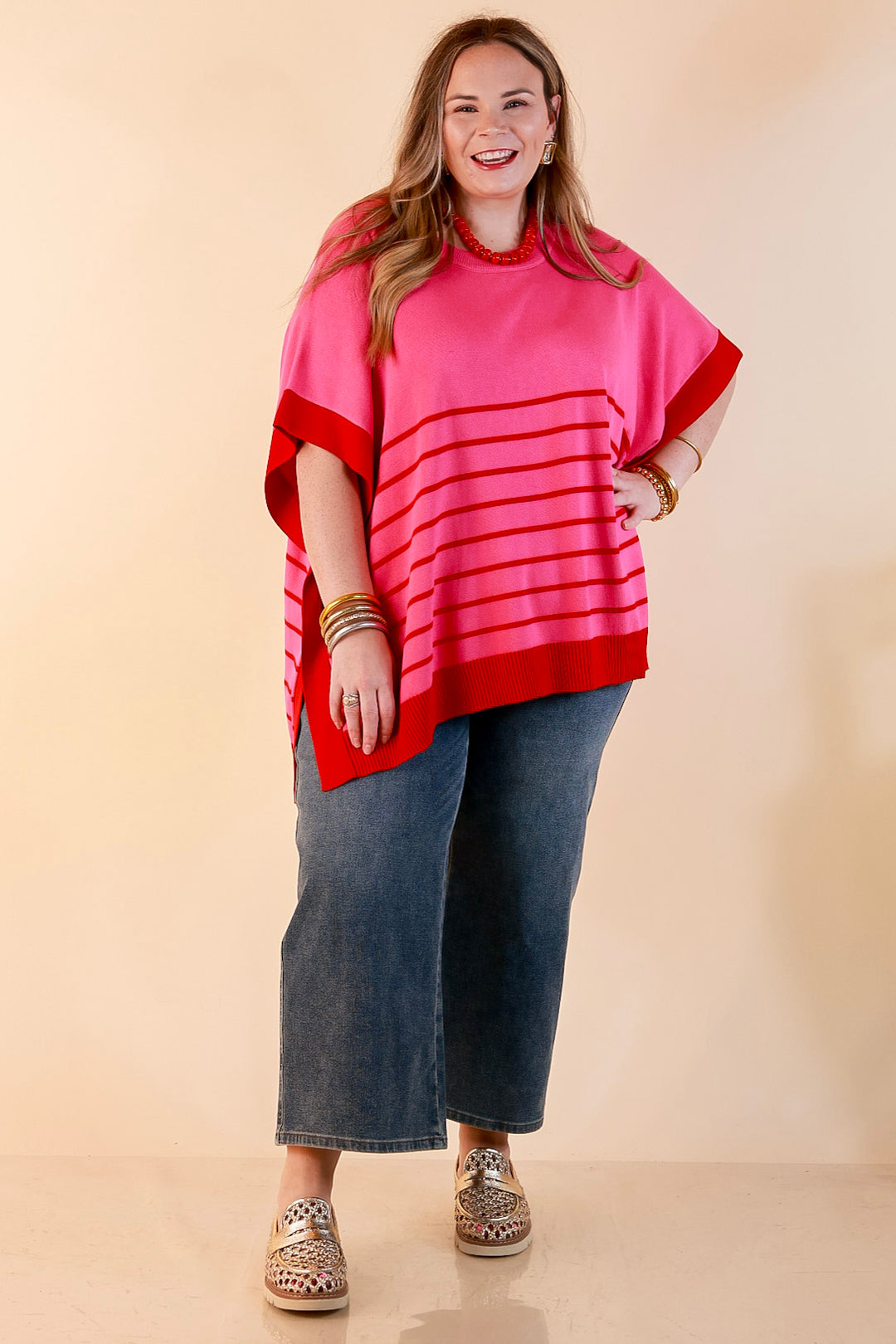 Casual to Chic Short Sleeve Striped Poncho Top in Pink and Red