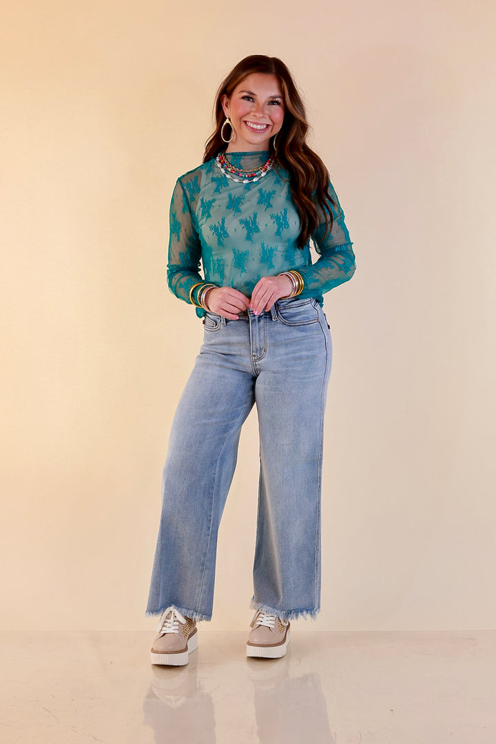 Delicate Charm Long Sleeve Sheer Lace Top with Mock Neck in Turquoise Blue