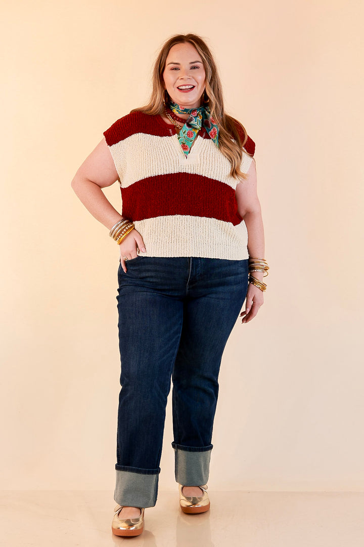 The Style Standard Striped Sleeveless Sweater Knit Top in Burgundy and Ivory