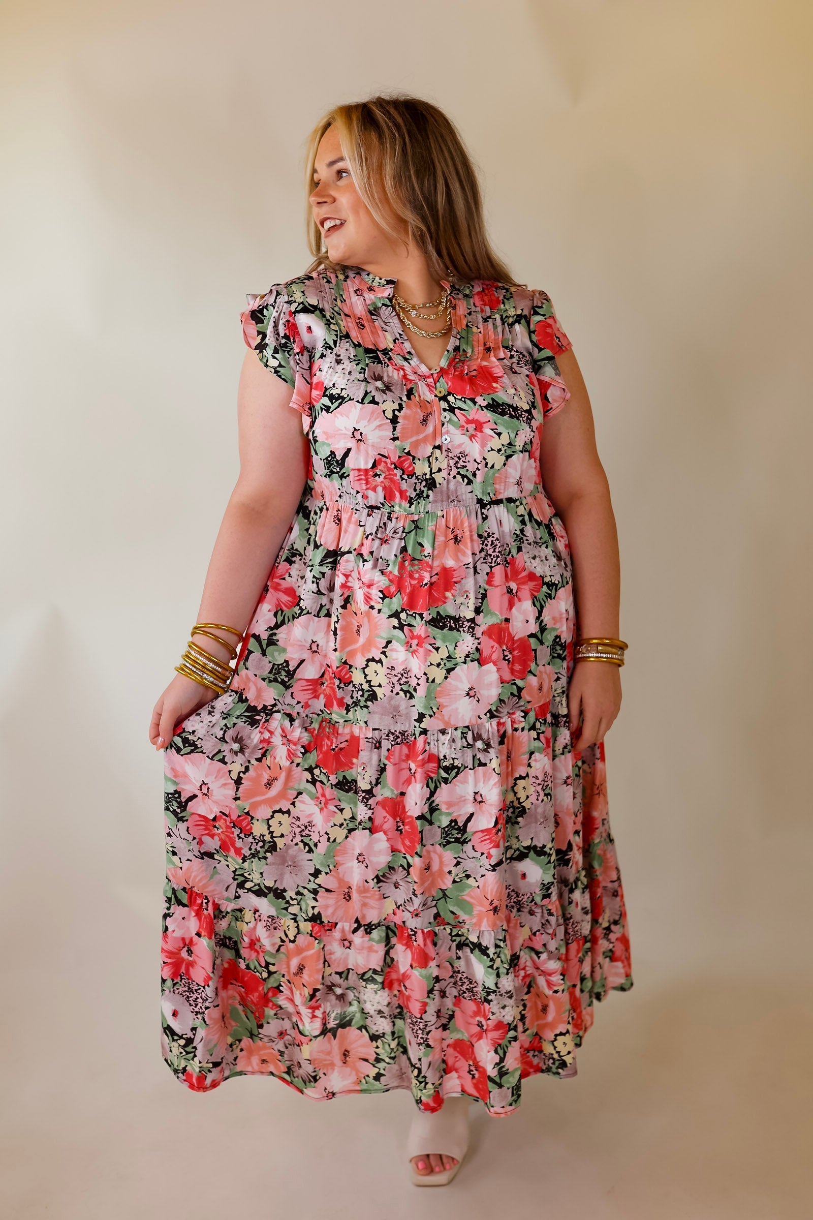 Strolling Down Sunset Floral Tiered Midi Dress in Pink and Green Mix - Giddy Up Glamour Boutique