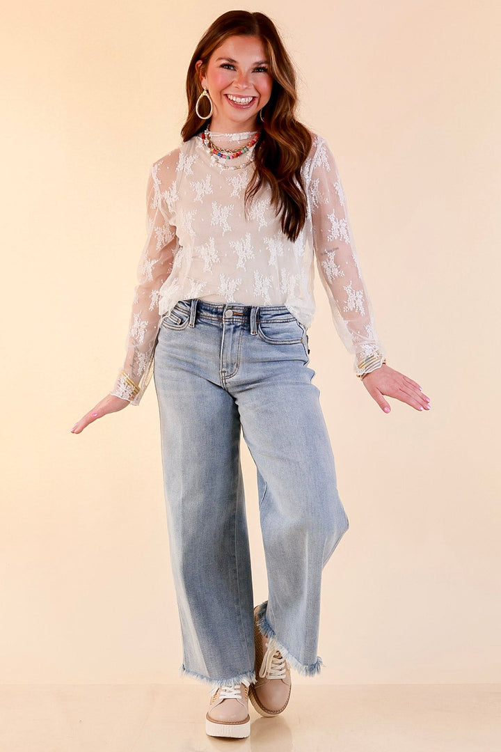 Delicate Charm Long Sleeve Sheer Lace Top with Mock Neck in Ivory