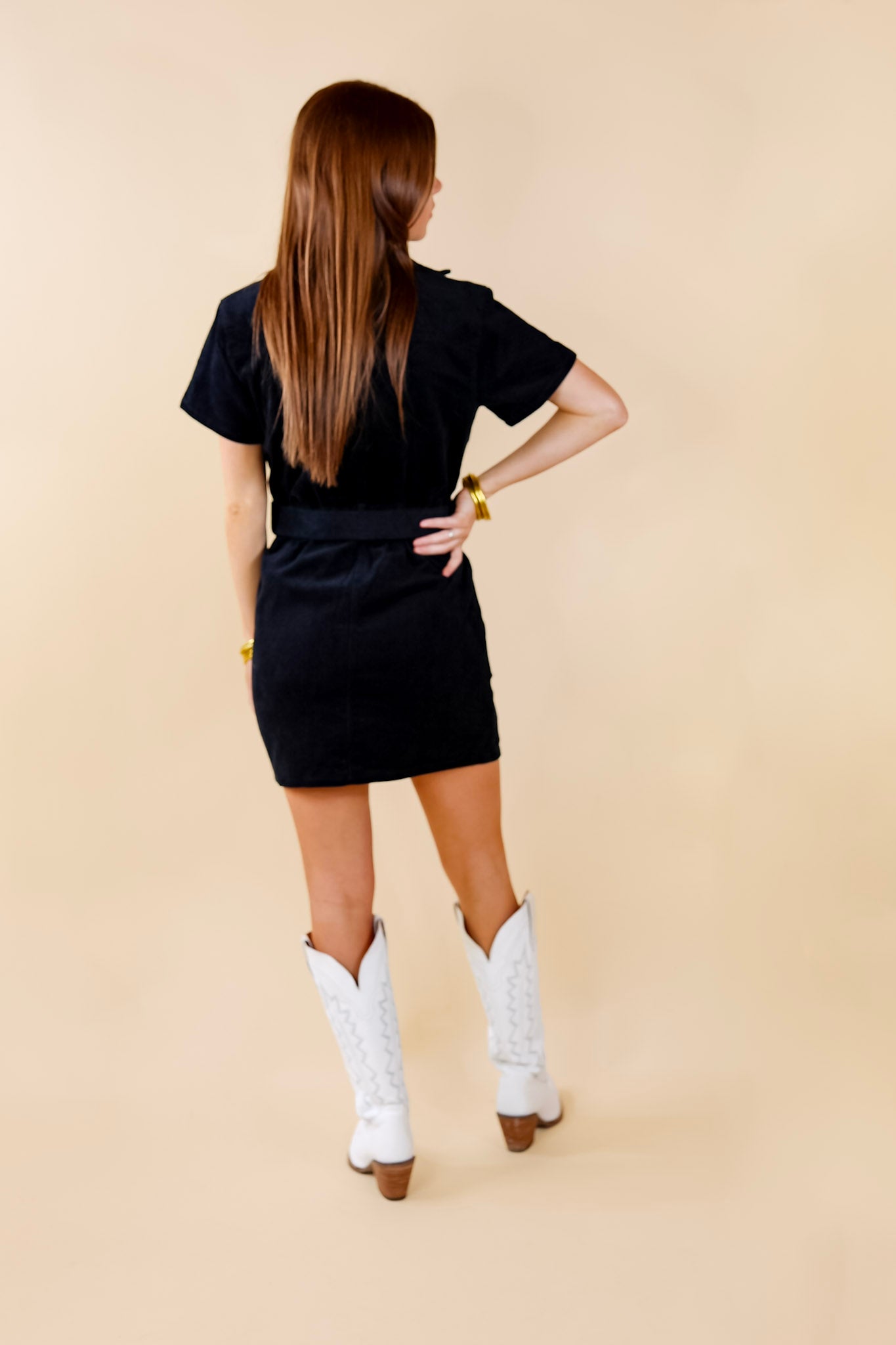 Glamour Galore Zip Up Corduroy Dress with Belt in Black - Giddy Up Glamour Boutique
