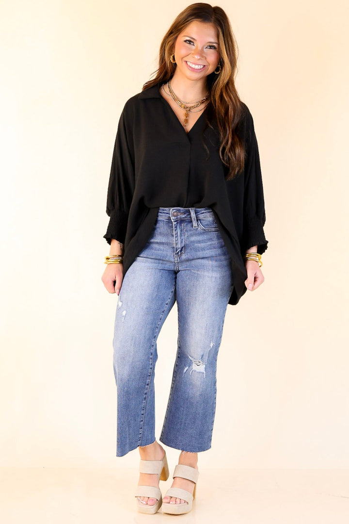 Spoken In Style Collared Blouse with Smoked Sleeve Band in Black