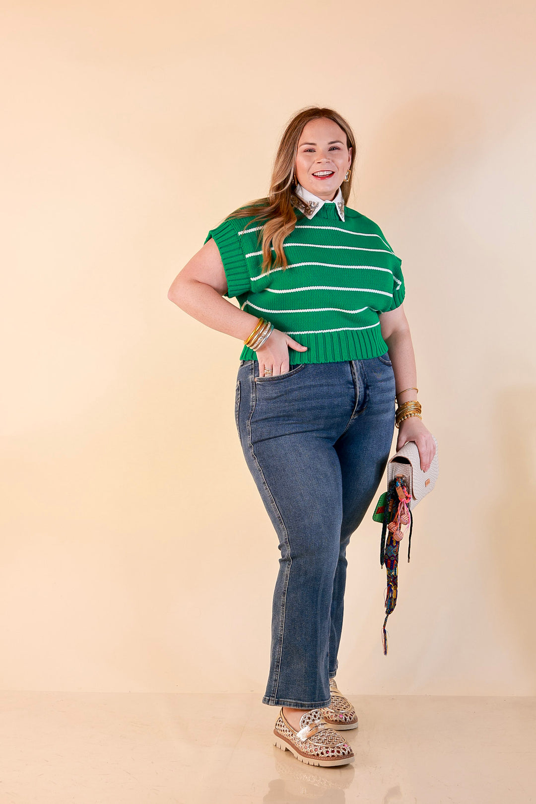 Sweet in Stripes Short Sleeve Striped Mock Neck Sweater in Kelly Green