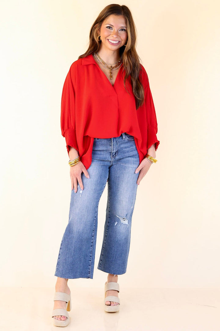 Spoken In Style Collared Blouse with Smoked Sleeve Band in Ruby