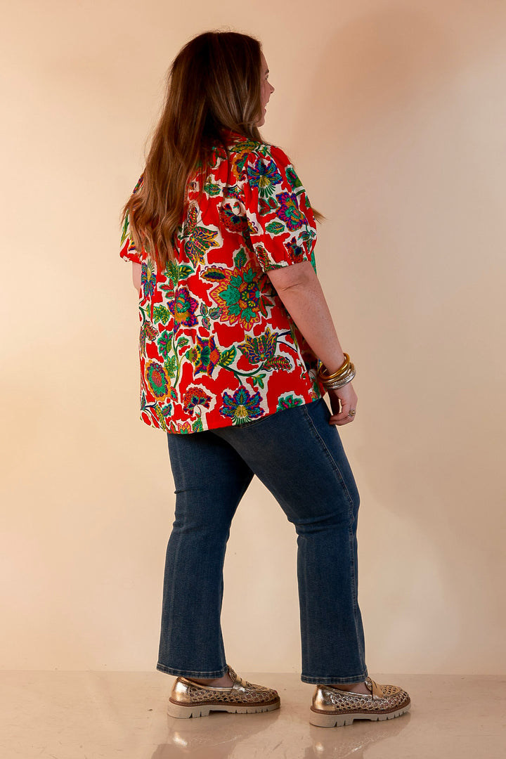 Petal Pop Floral Print Ruffle Front Button Up Top with Puff Sleeves in Red
