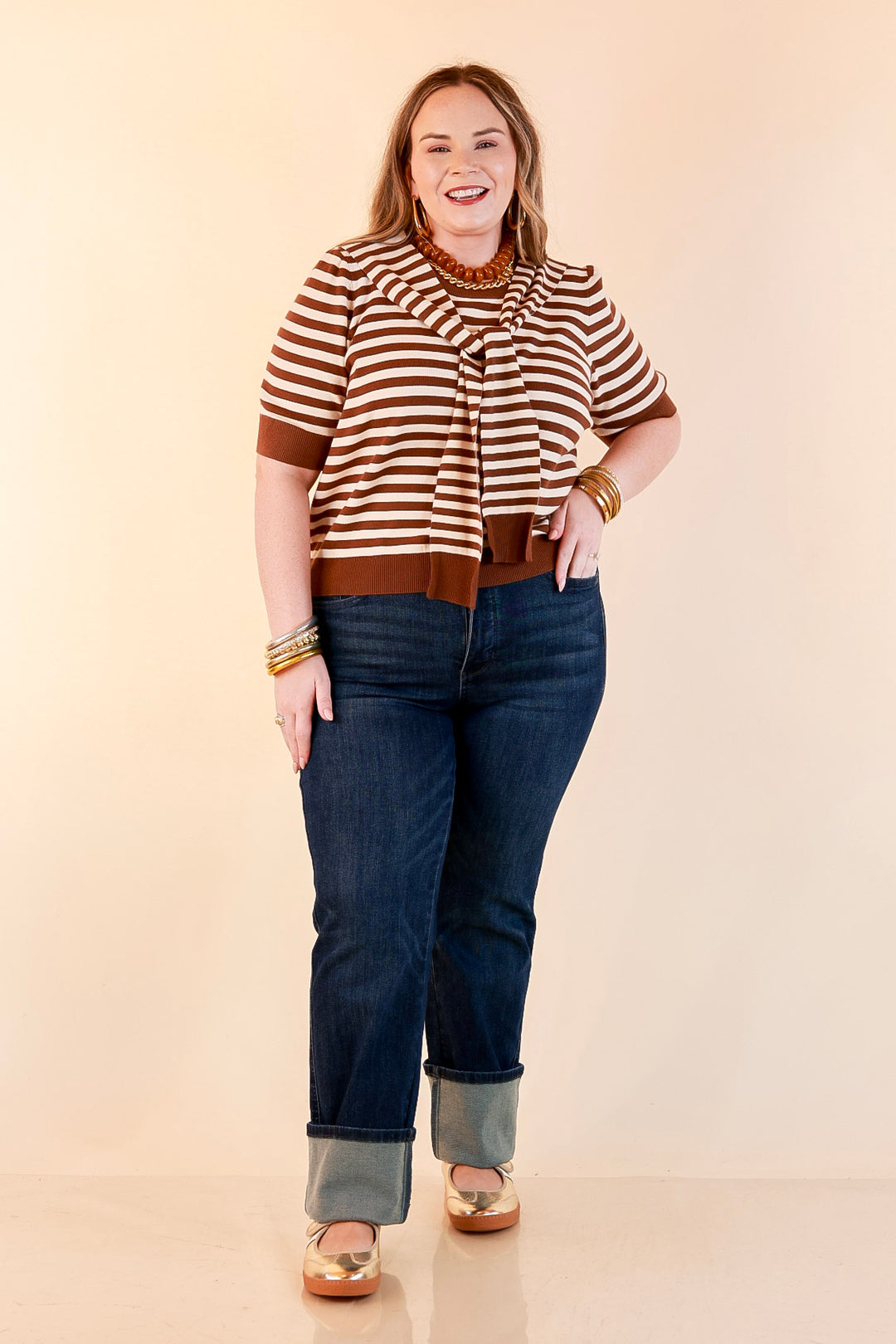 Leading Lady Faux Sweater Tie Detail Short Sleeve Striped Knit Top in Brown and Ivory