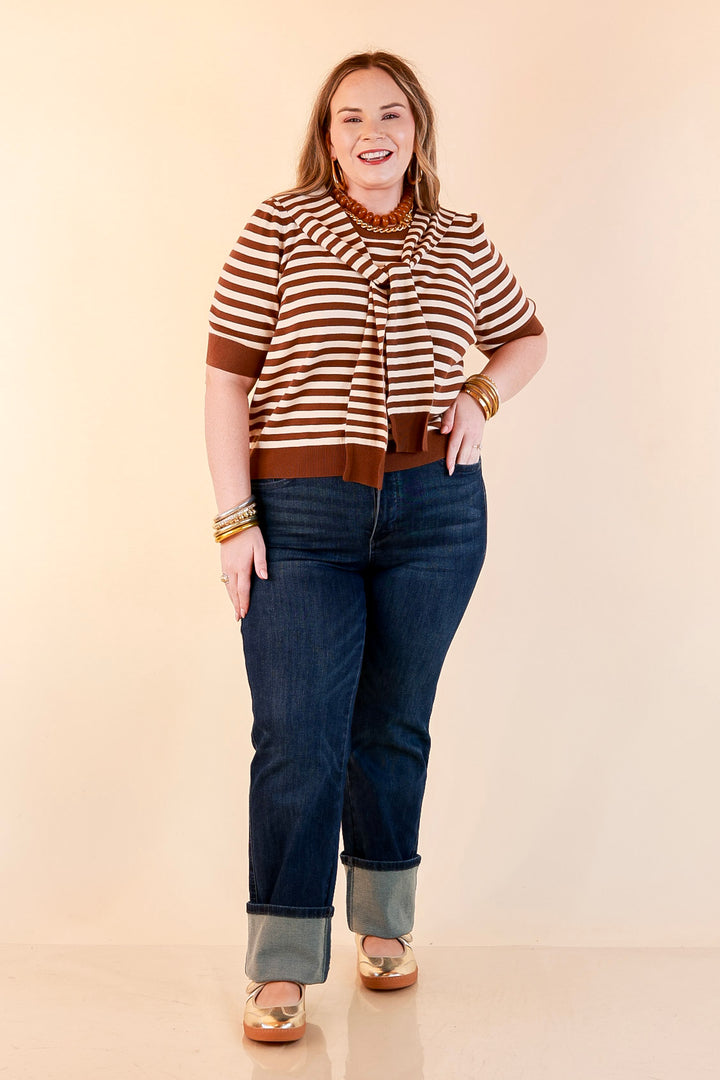 Leading Lady Faux Sweater Tie Detail Short Sleeve Striped Knit Top in Brown and Ivory