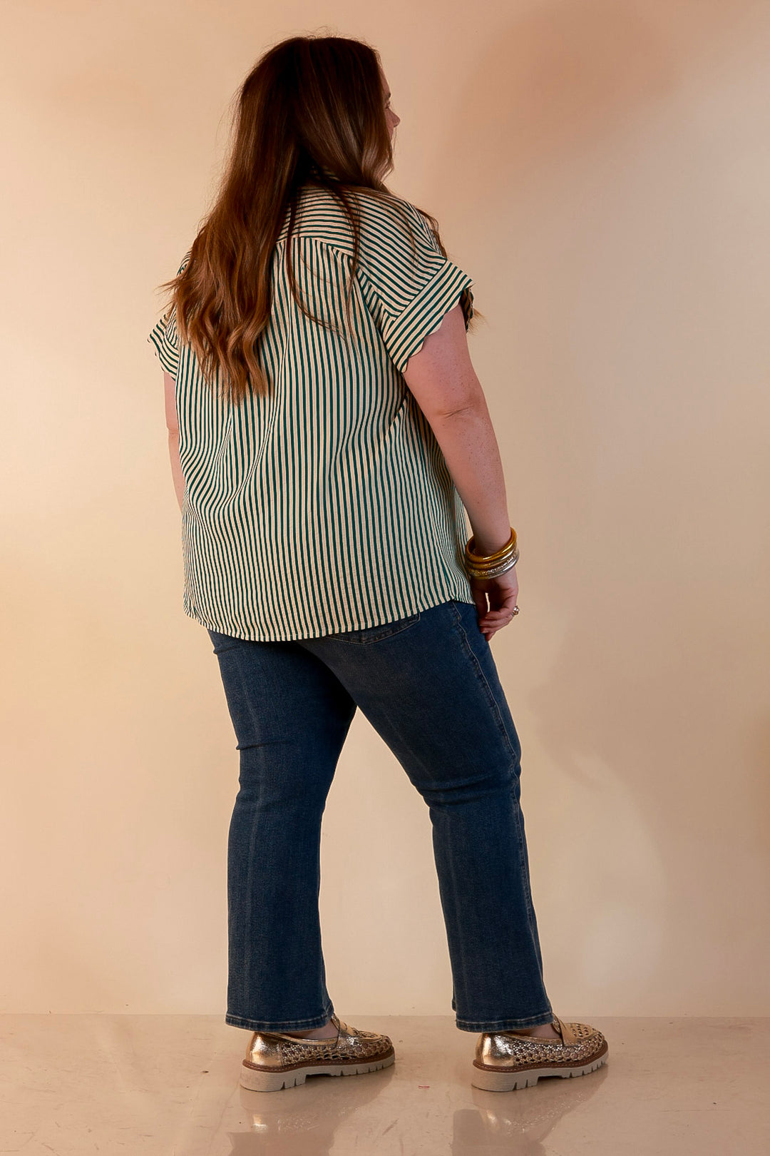 Closet Essential Striped Button Up Short Sleeve Collared Top in Green