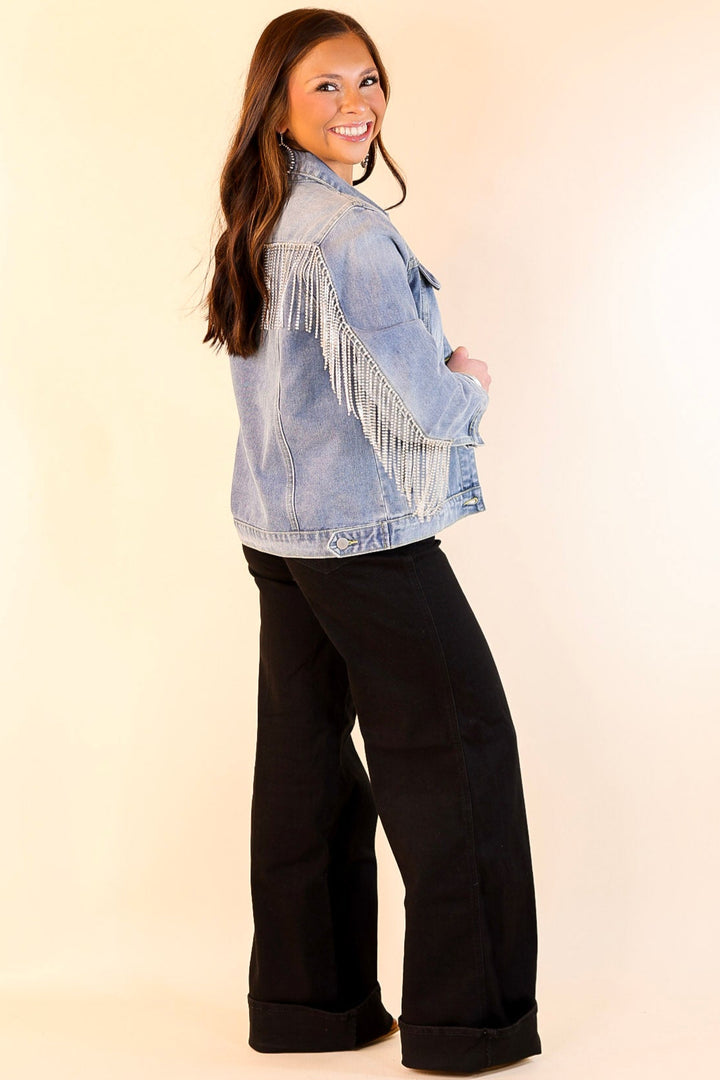 Rhinestone Cowgirl Crystal Fringe Denim Jacket in Medium Wash