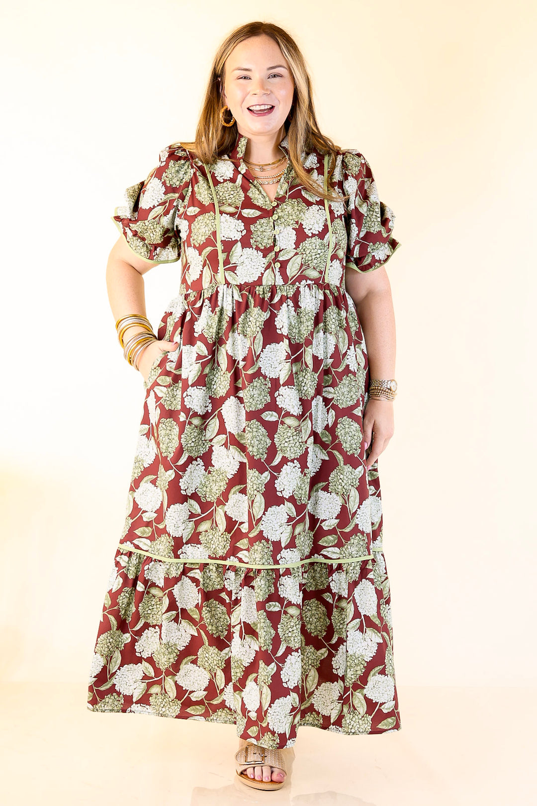 Petals & Poetry Hydrangea Floral Puff Sleeve Tiered Maxi Dress in Maroon