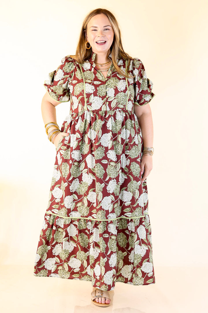 Petals & Poetry Hydrangea Floral Puff Sleeve Tiered Maxi Dress in Maroon