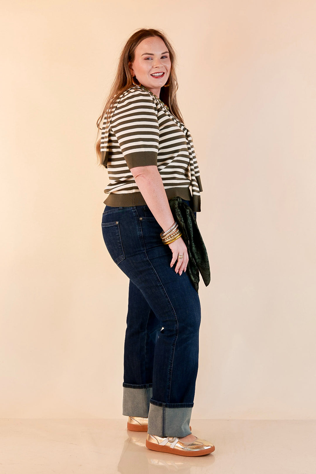 Leading Lady Faux Sweater Tie Detail Short Sleeve Striped Knit Top in Olive and Ivory