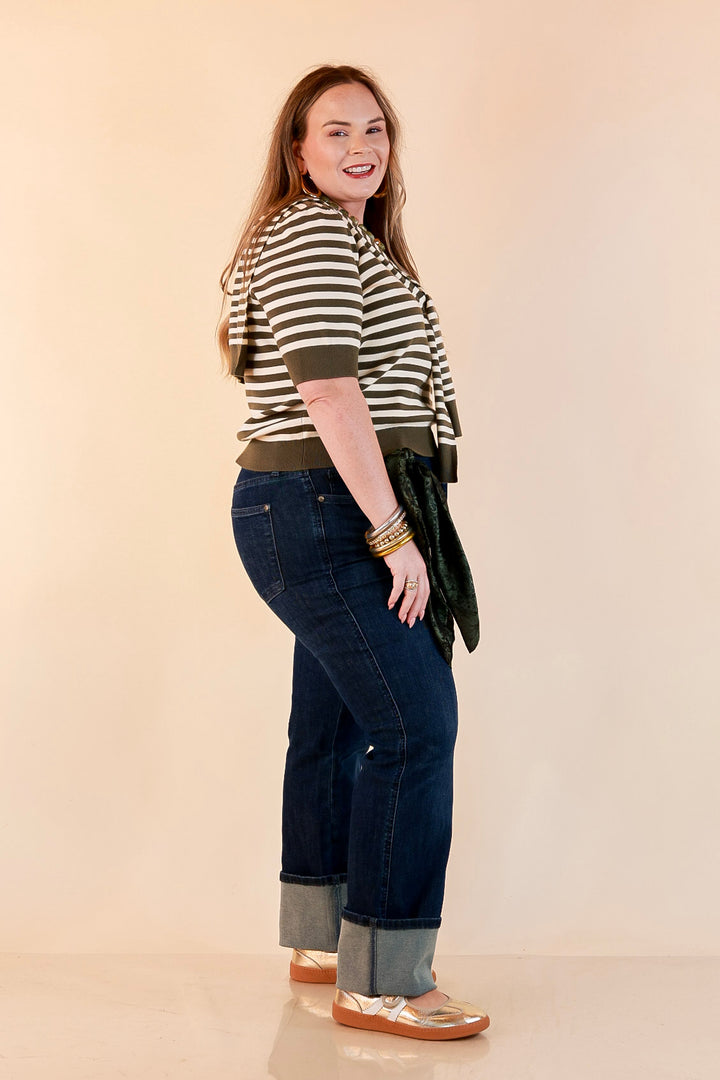 Leading Lady Faux Sweater Tie Detail Short Sleeve Striped Knit Top in Olive and Ivory