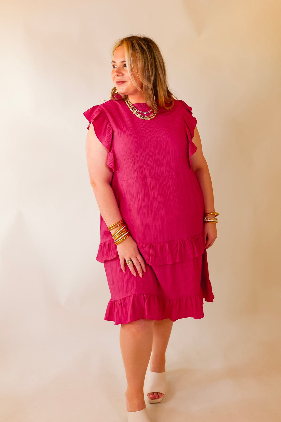 Dreaming Bigger Ruffle Detail Midi Dress in Pink - Giddy Up Glamour Boutique