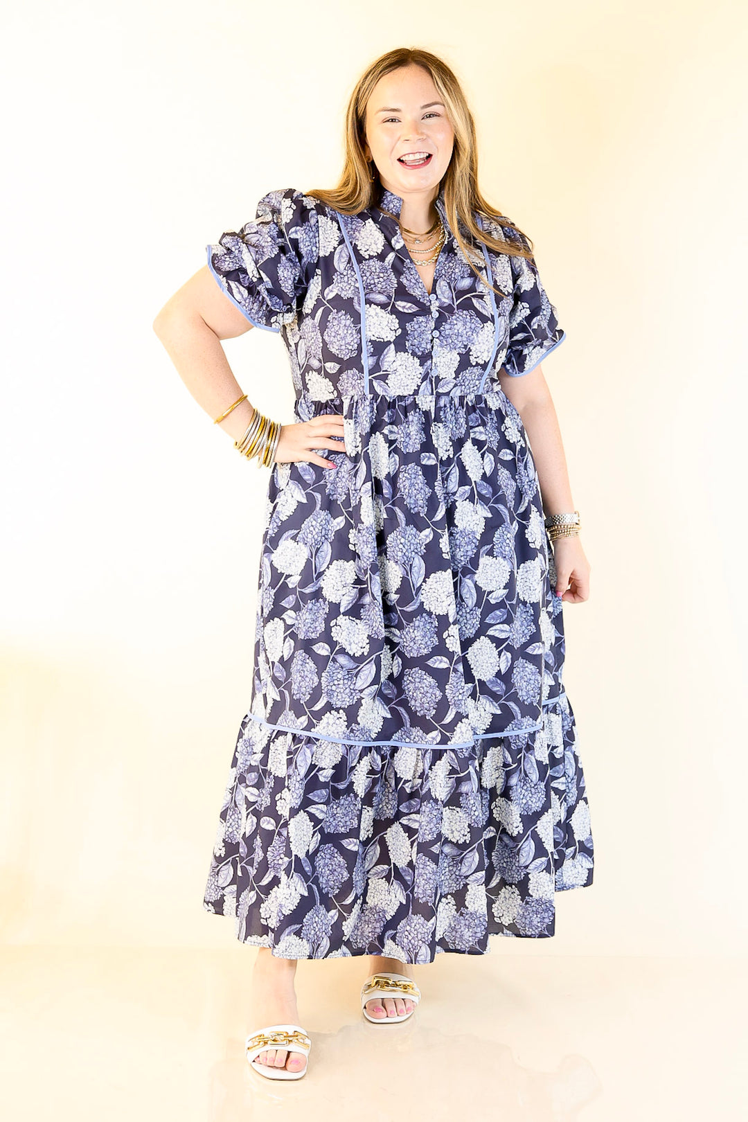 Petals & Poetry Hydrangea Floral Puff Sleeve Tiered Maxi Dress in Navy Blue