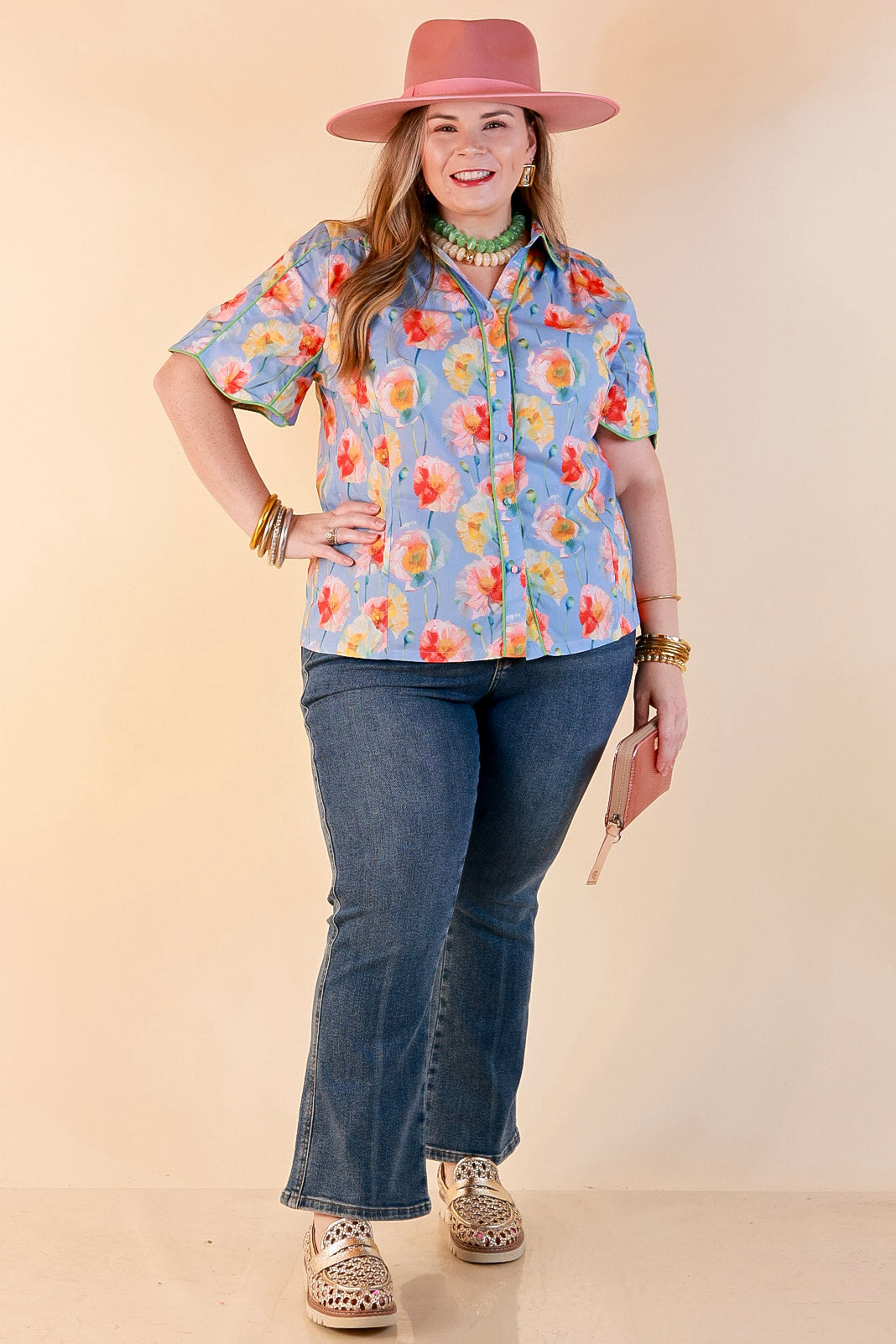 Petals and Plans Poppy Floral Print Button Up Collar Blouse in Dusty Blue