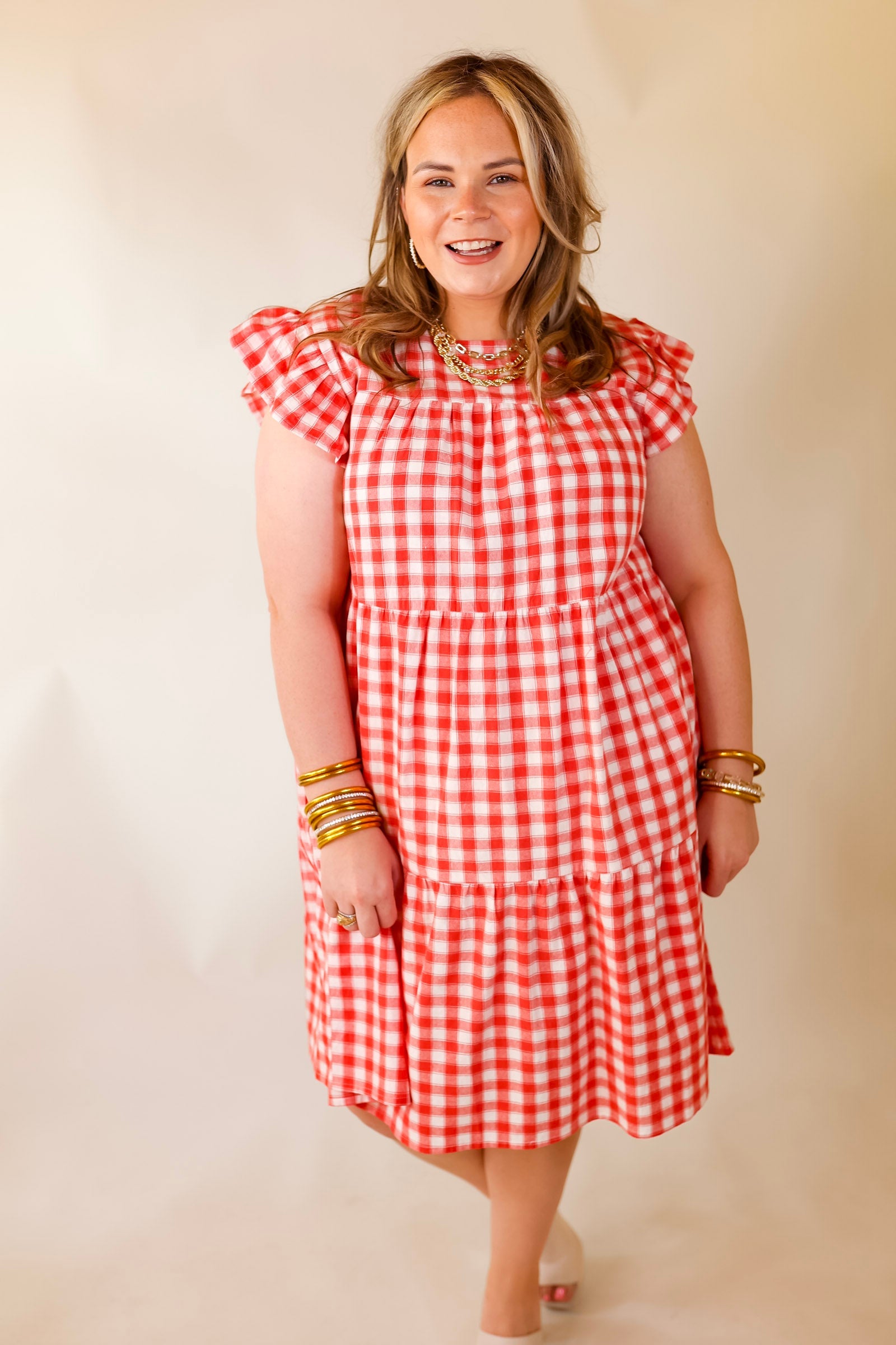 Sunny Pier Gingham Dress with Ruffle Cap Sleeves in Coral Red and White - Giddy Up Glamour Boutique