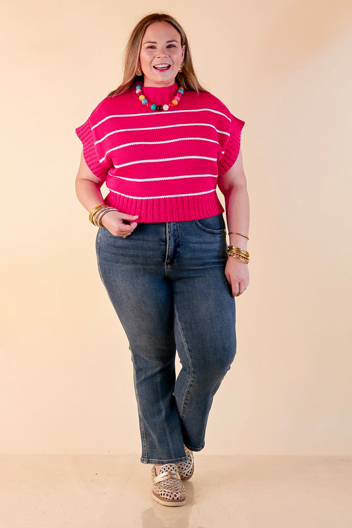 Sweet in Stripes Short Sleeve Striped Mock Neck Sweater in Hot Pink