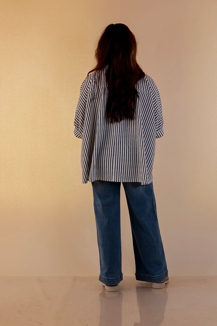 Effortlessly Aligned Button Down Collared Top with Vertical Ivory Stripe Detail in Black