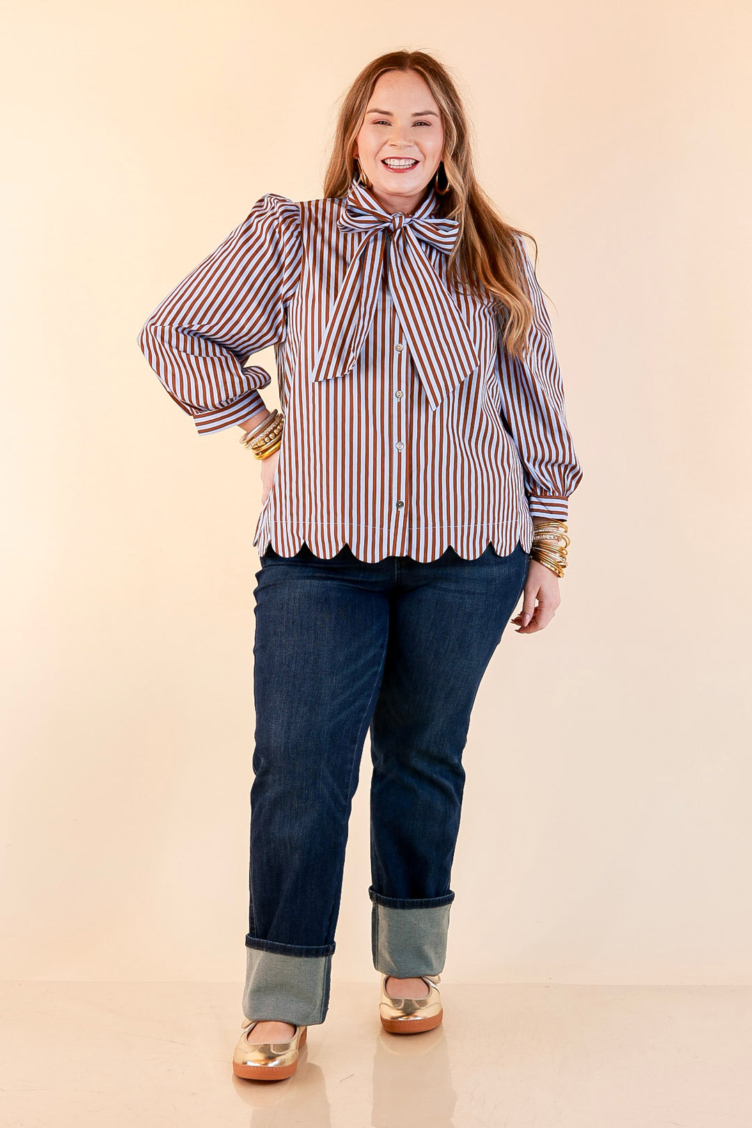 In Good Company Striped Bow Neck Scalloped Hem Blouse in Blue and Brown