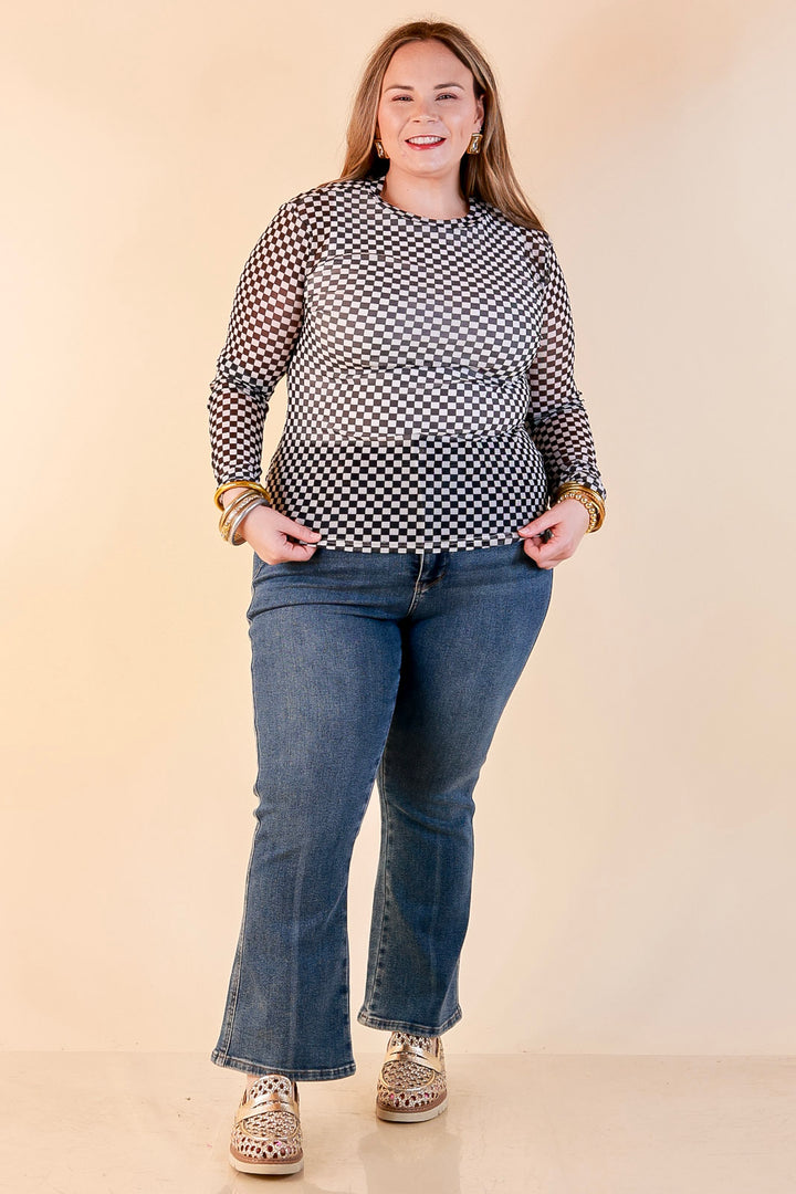 The Perfect Layer Checkered Print Sheer Mesh Long Sleeve Top in Black and White