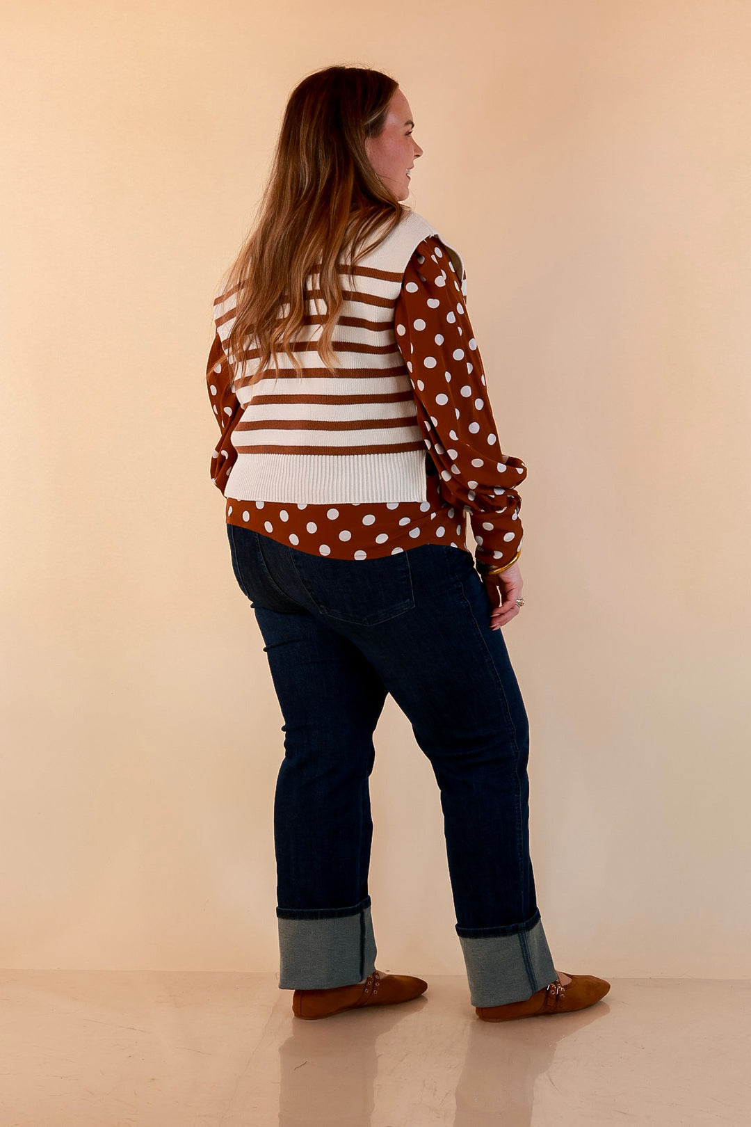 Stripe Things Up Drop Shoulder Knit Sweater in White with Tan Stripes
