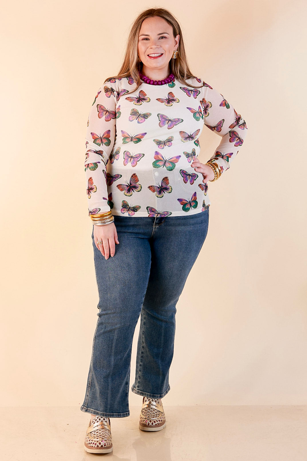 The Perfect Layer Butterfly Print Sheer Mesh Long Sleeve Top in Cream and Gemstone Colors
