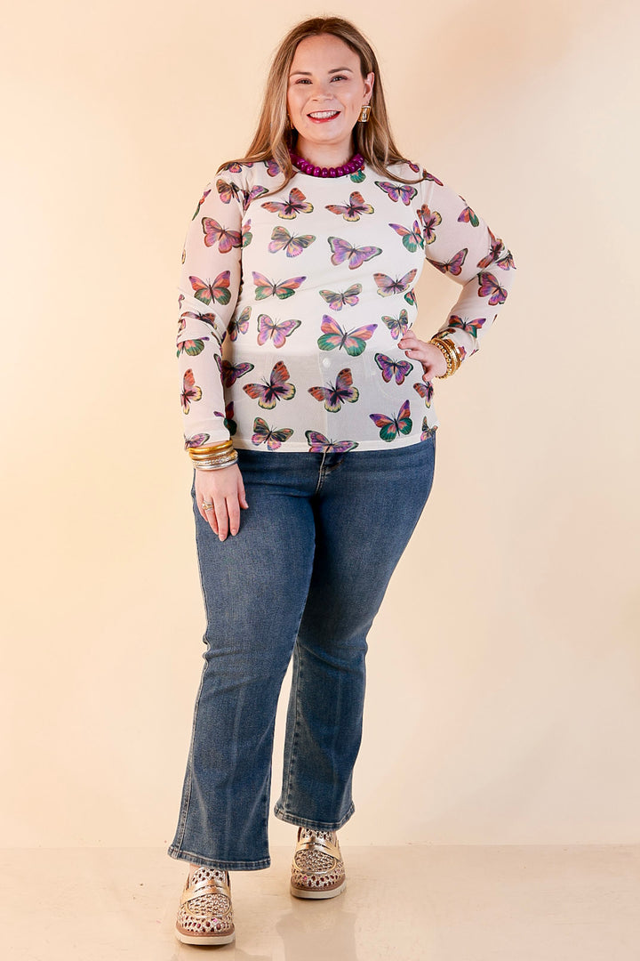 The Perfect Layer Butterfly Print Sheer Mesh Long Sleeve Top in Cream and Gemstone Colors