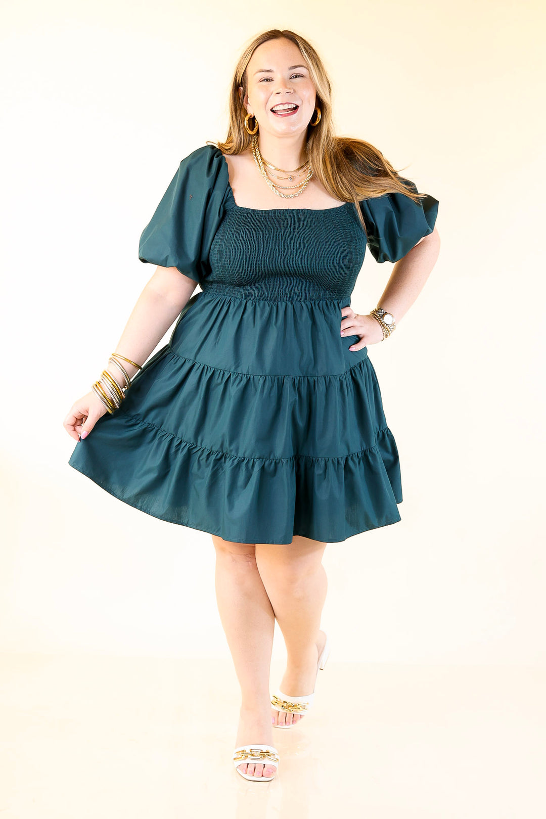Trust Me Balloon Sleeve Dress in Teal Blue