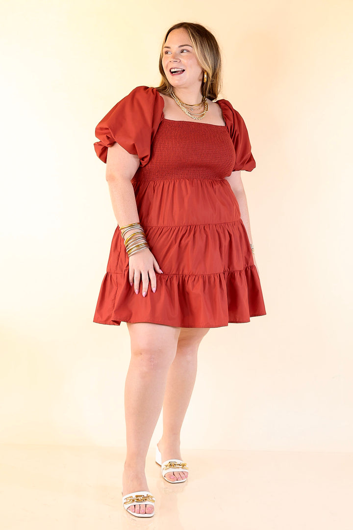 Trust Me Balloon Sleeve Dress in Rust Orange
