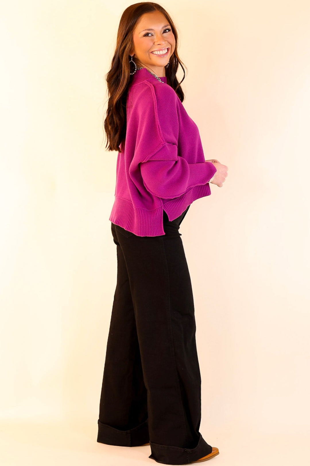 Fireside Fit Cropped Long Sleeve Mock Neck Sweater in Plum Purple