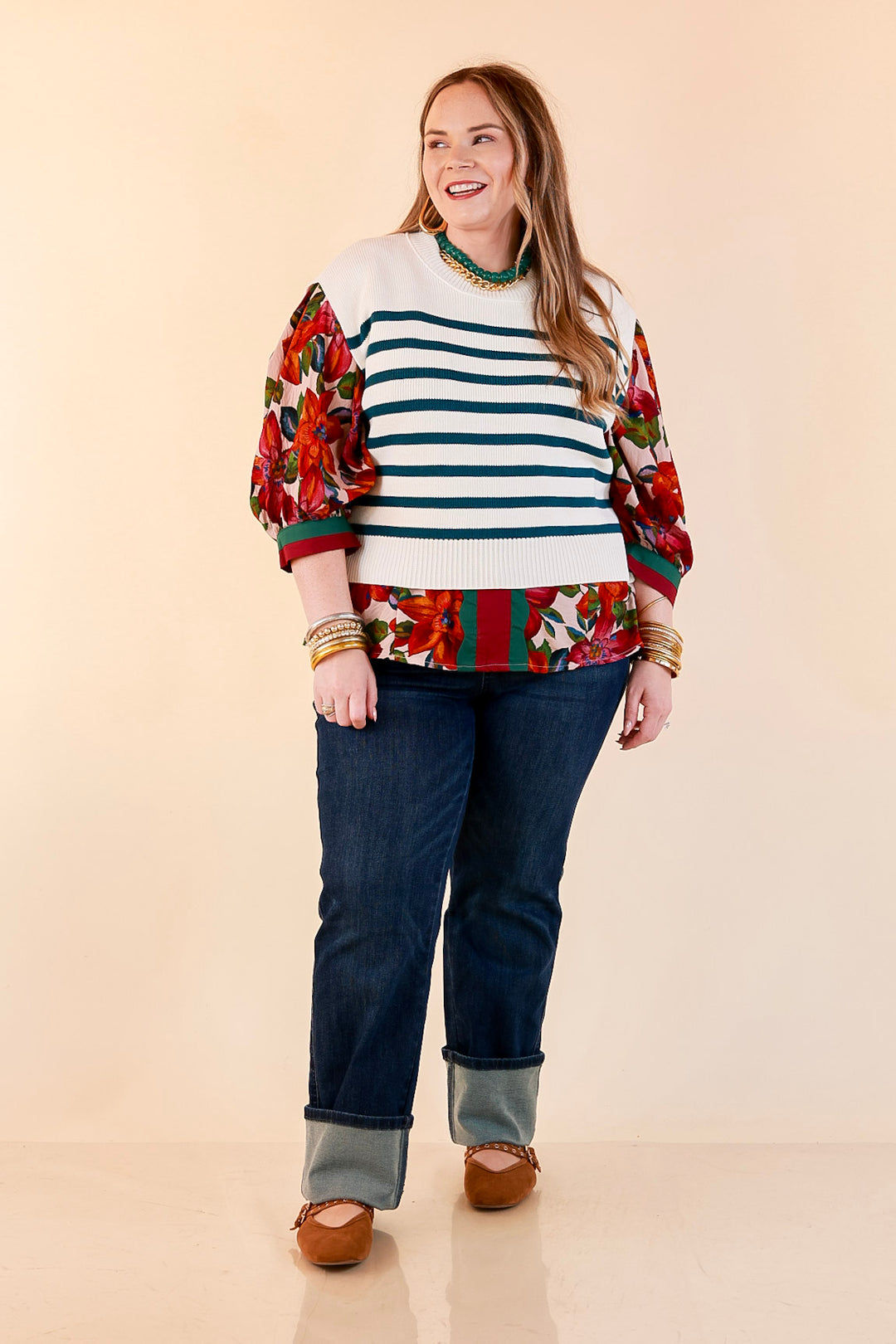 Stripe Things Up Drop Shoulder Knit Sweater in White with Teal Blue Stripes