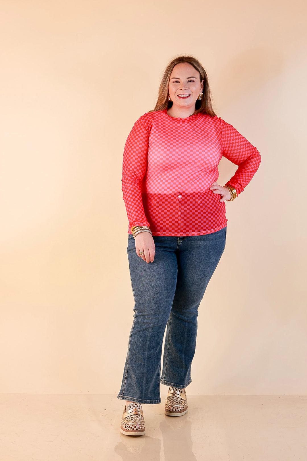 The Perfect Layer Checkered Print Sheer Mesh Long Sleeve Top in Red and Pink