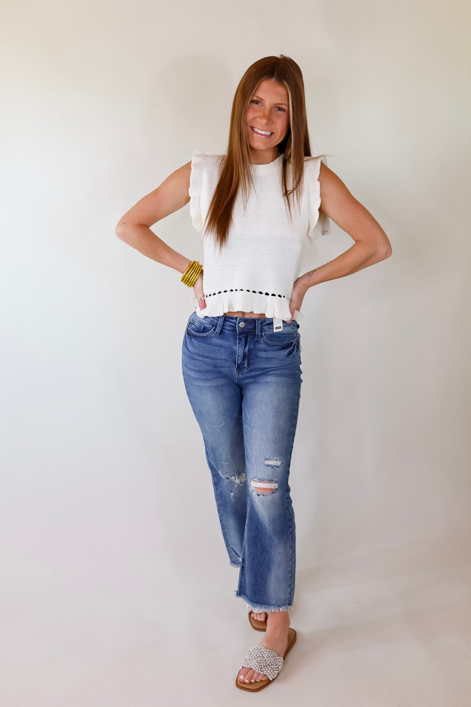 Breezy Baby Cropped Sweater with Ruffle Cap Sleeves in Ivory - Giddy Up Glamour Boutique