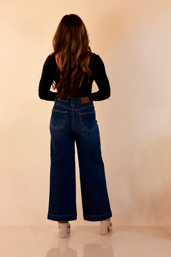 Judy Blue | Wide Open Style Ankle Length Cropped Wide Leg Tummy Control Trouser Denim Jeans in Dark Wash