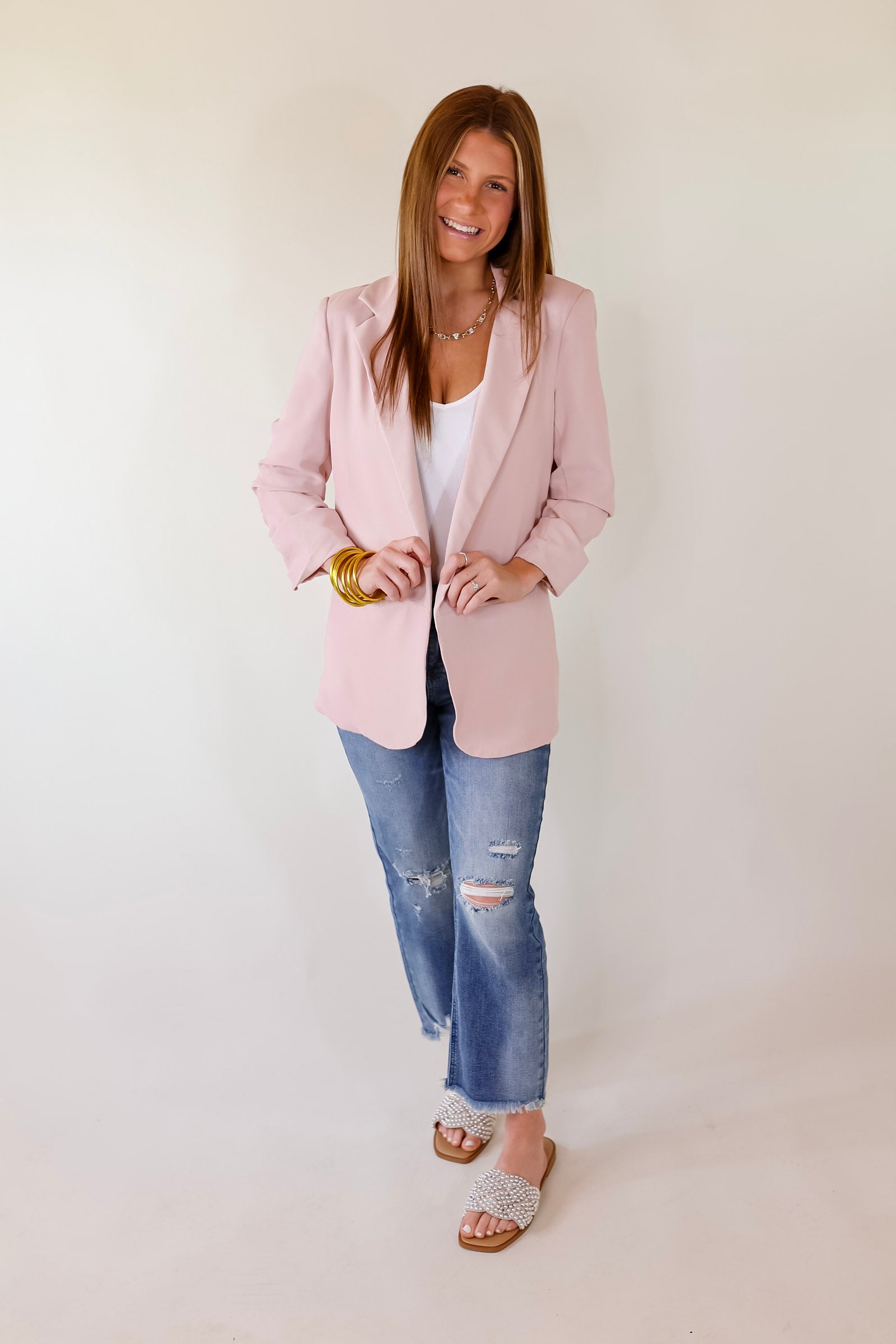 No Bad Angle Blazer With Pockets in Blush Pink - Giddy Up Glamour Boutique