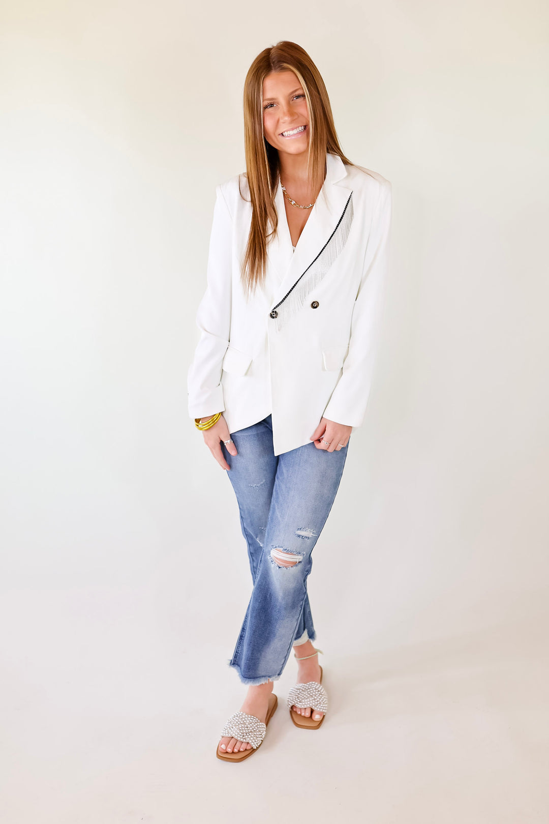 Classic Reimagined Blazer with Silver Fringe in White - Giddy Up Glamour Boutique