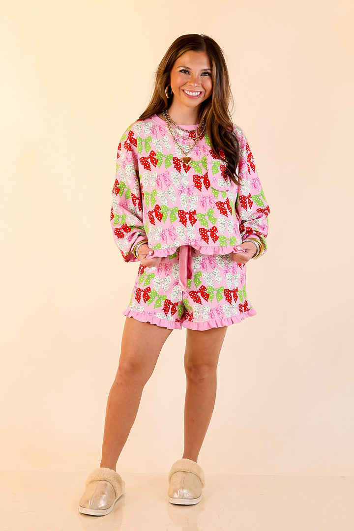 Simply Southern | Wrapped in Joy Matching PJ Set with Polka Dot Bows and Ruffle Detailing in Pink