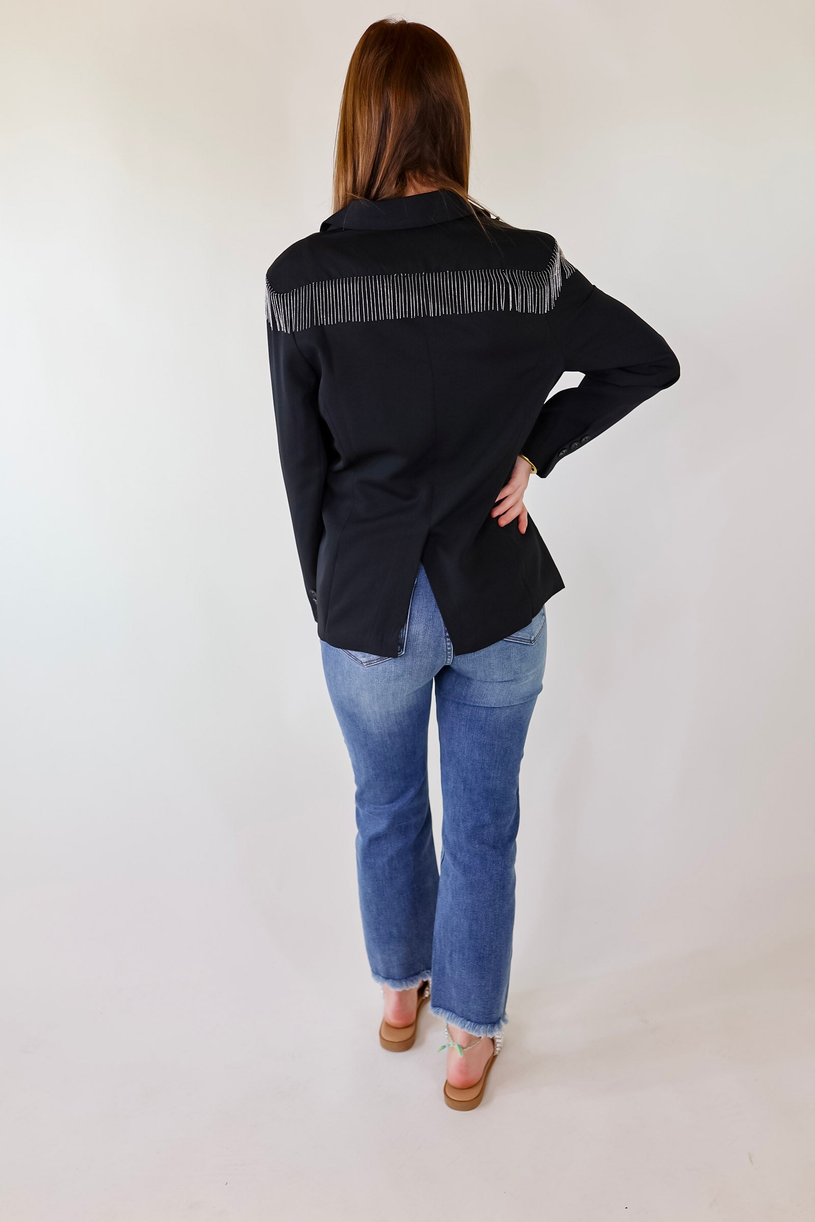 Check Me Out Blazer with Silver Fringe in Black - Giddy Up Glamour Boutique