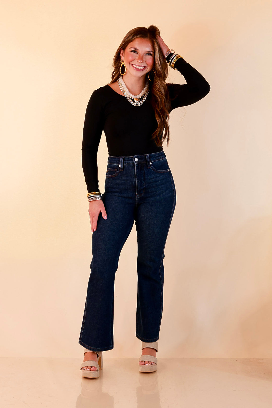Judy Blue | Kick it Classic Tummy Control Cropped Kick Flare Jean in Dark Rustic Indigo Wash