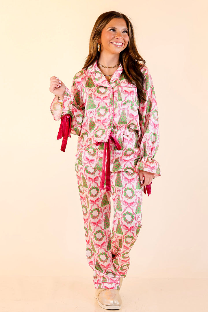 Simply Southern | Sweet Slumber Matching PJ Satin Set with Bow Detailing and Christmas Trees in Ivory