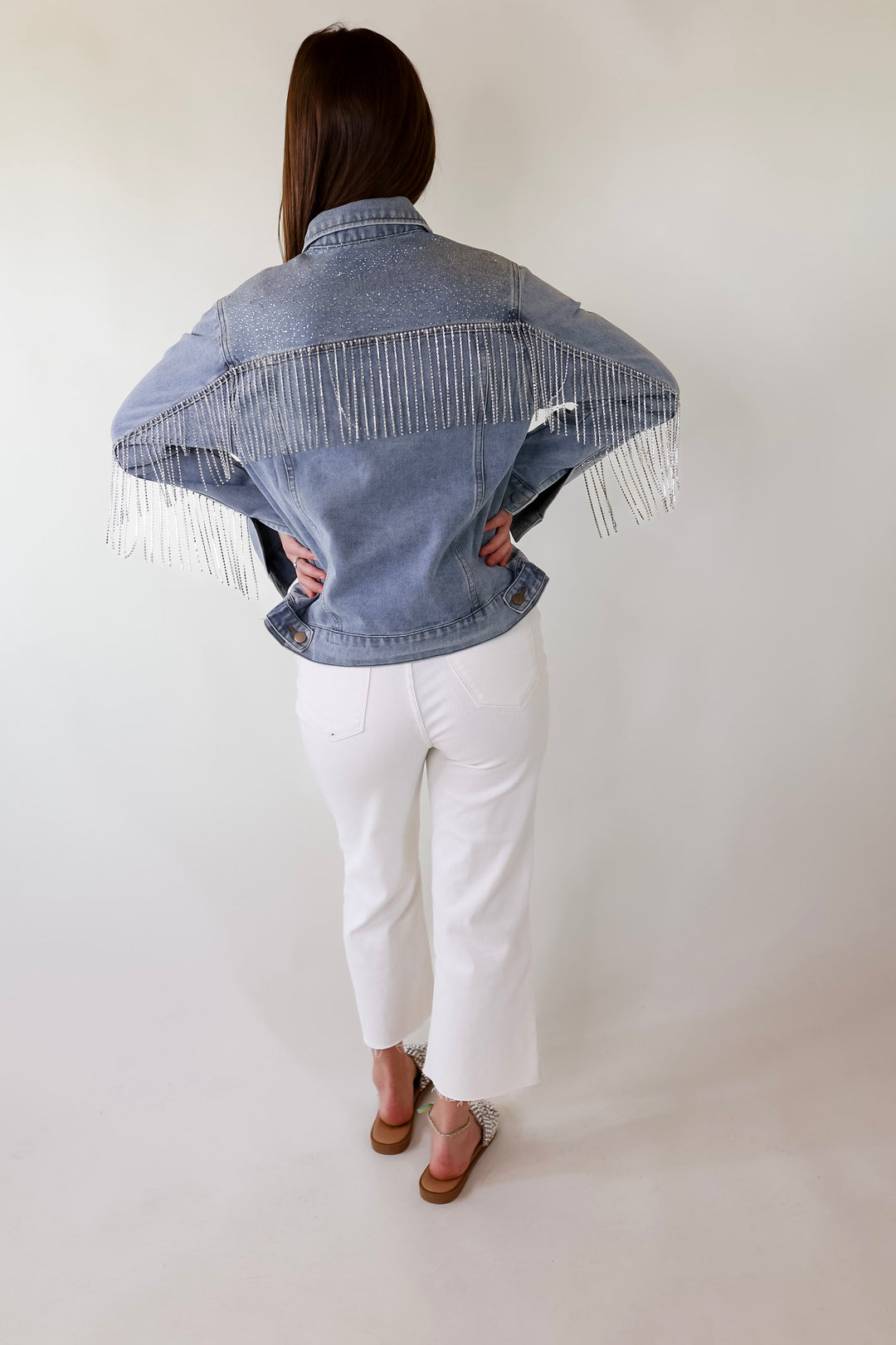 Like a Diamond Crystal Fringe Button Up Denim Jacket in Light Wash - Giddy Up Glamour Boutique