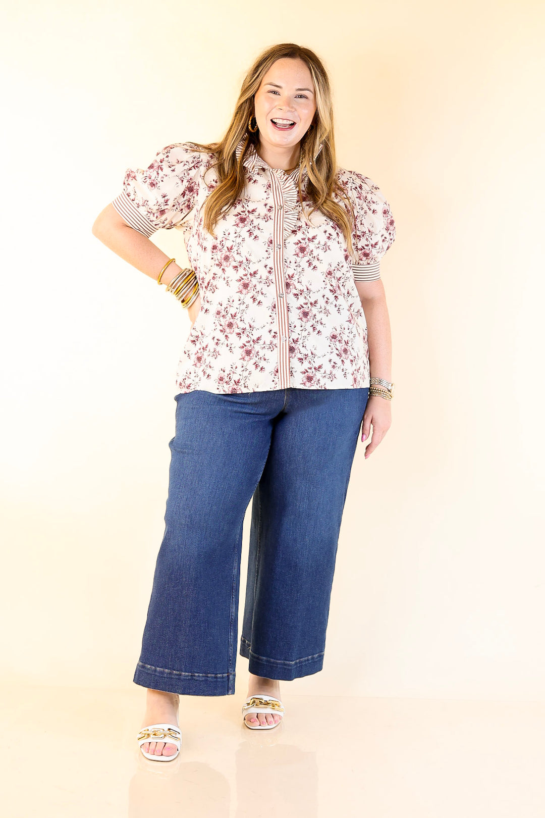 Timeless Beauty Button Up Puff Sleeve Top with Maroon Floral French Toile Print in Cream